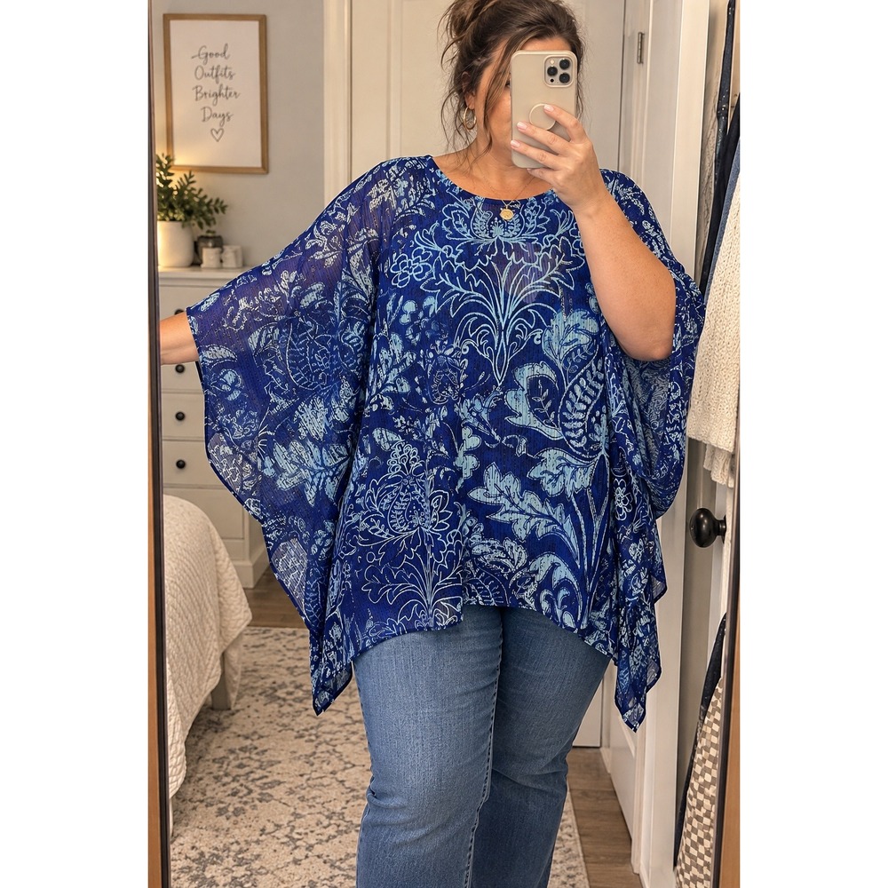 Bob Mackie Blouse 2X Blue Floral Print Dolman Sleeve Semi Sheer Metallic NWT